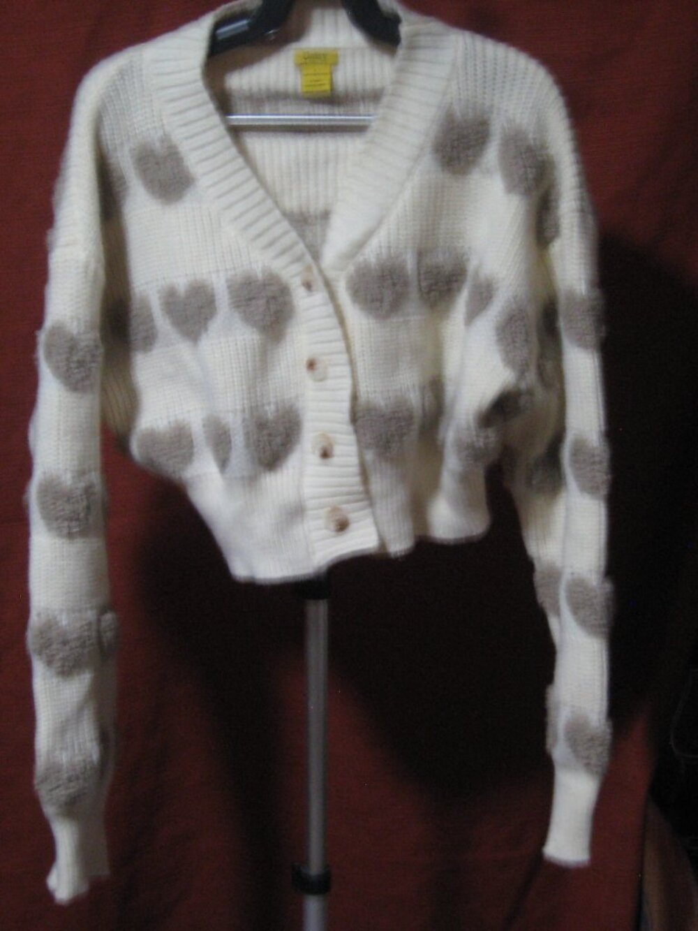 Daisy Cream Cropped Cardigan Sweater Fuzzy Taupe Hearts V-Neck Knit Women's L